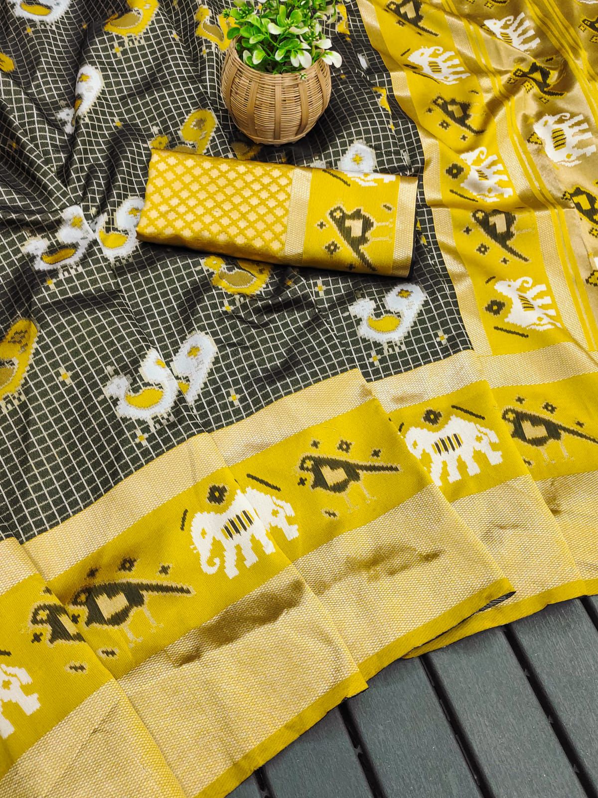 Attractive Black and Yellow Soft Silk Weaving Saree