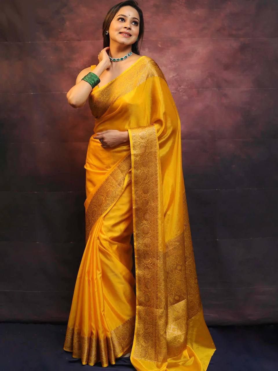 Mesmeric Yellow Soft Silk Weaving Saree