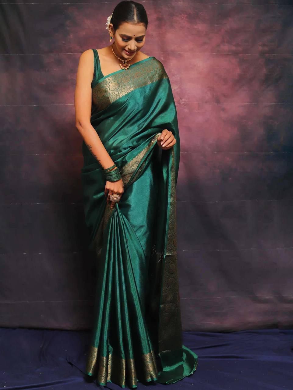 Ailurophile Green Soft Silk Weaving Saree