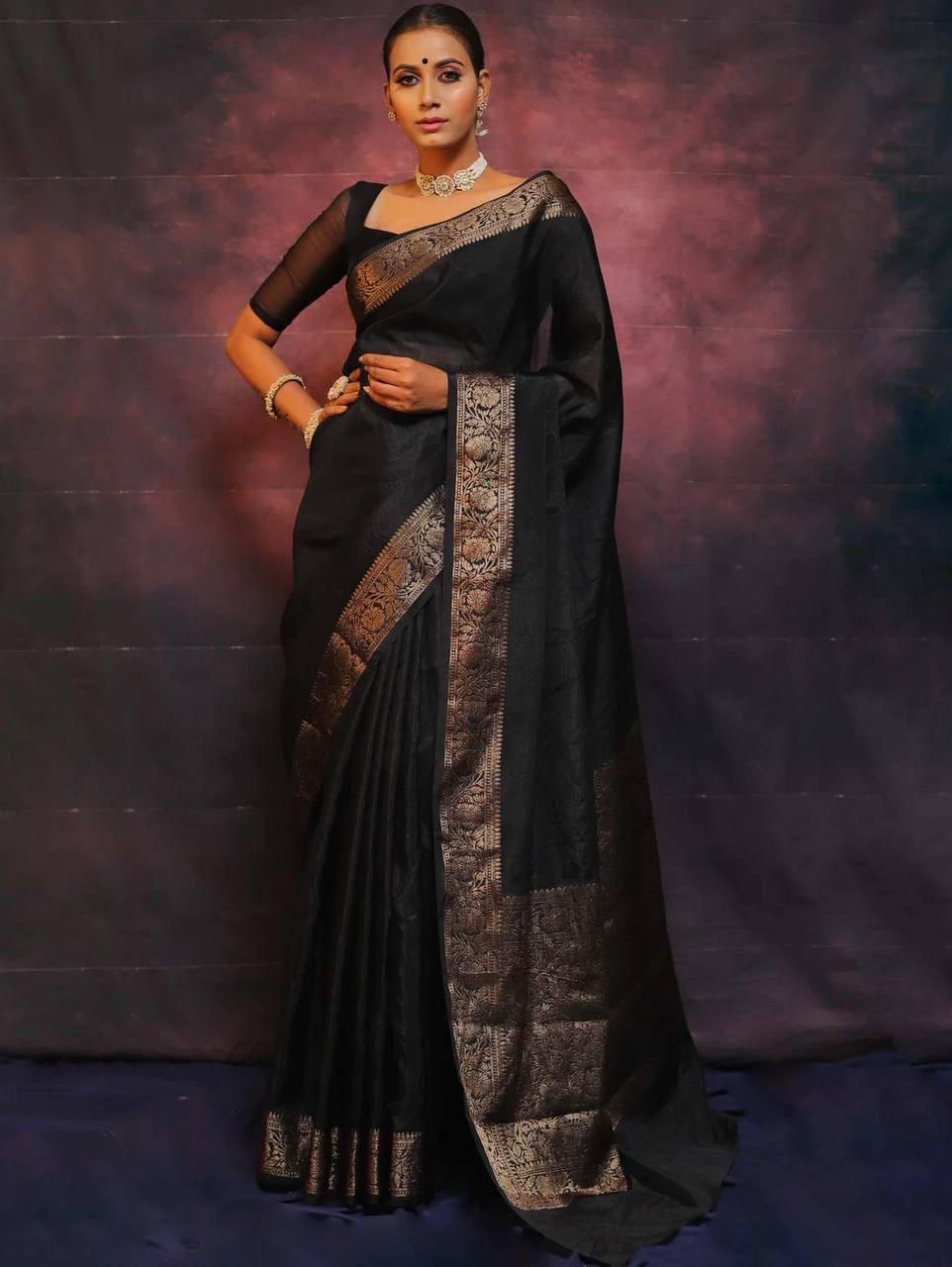 Gossamer Black Soft Silk Weaving Saree