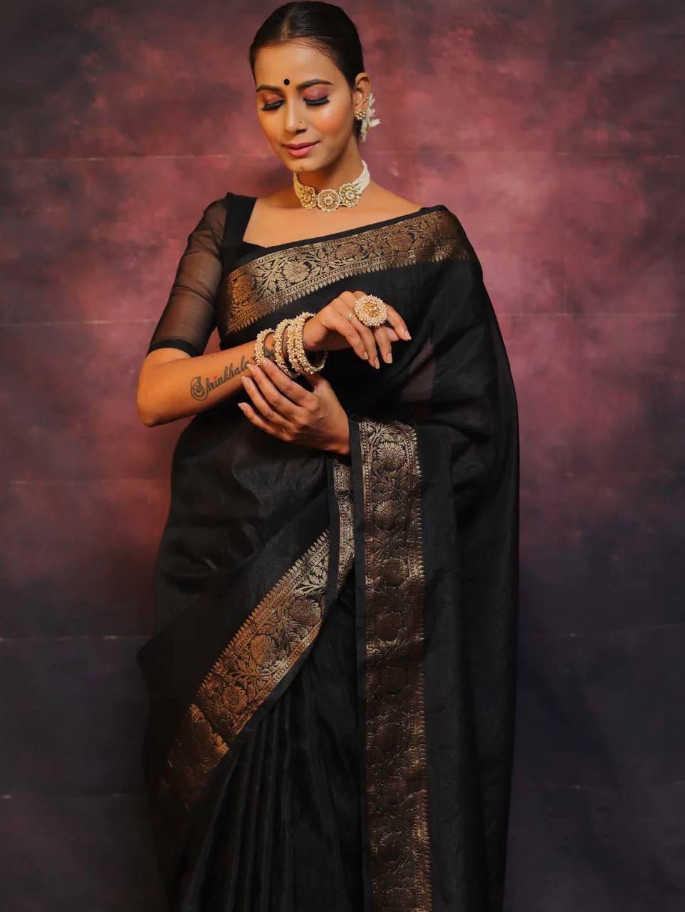 Gossamer Black Soft Silk Weaving Saree