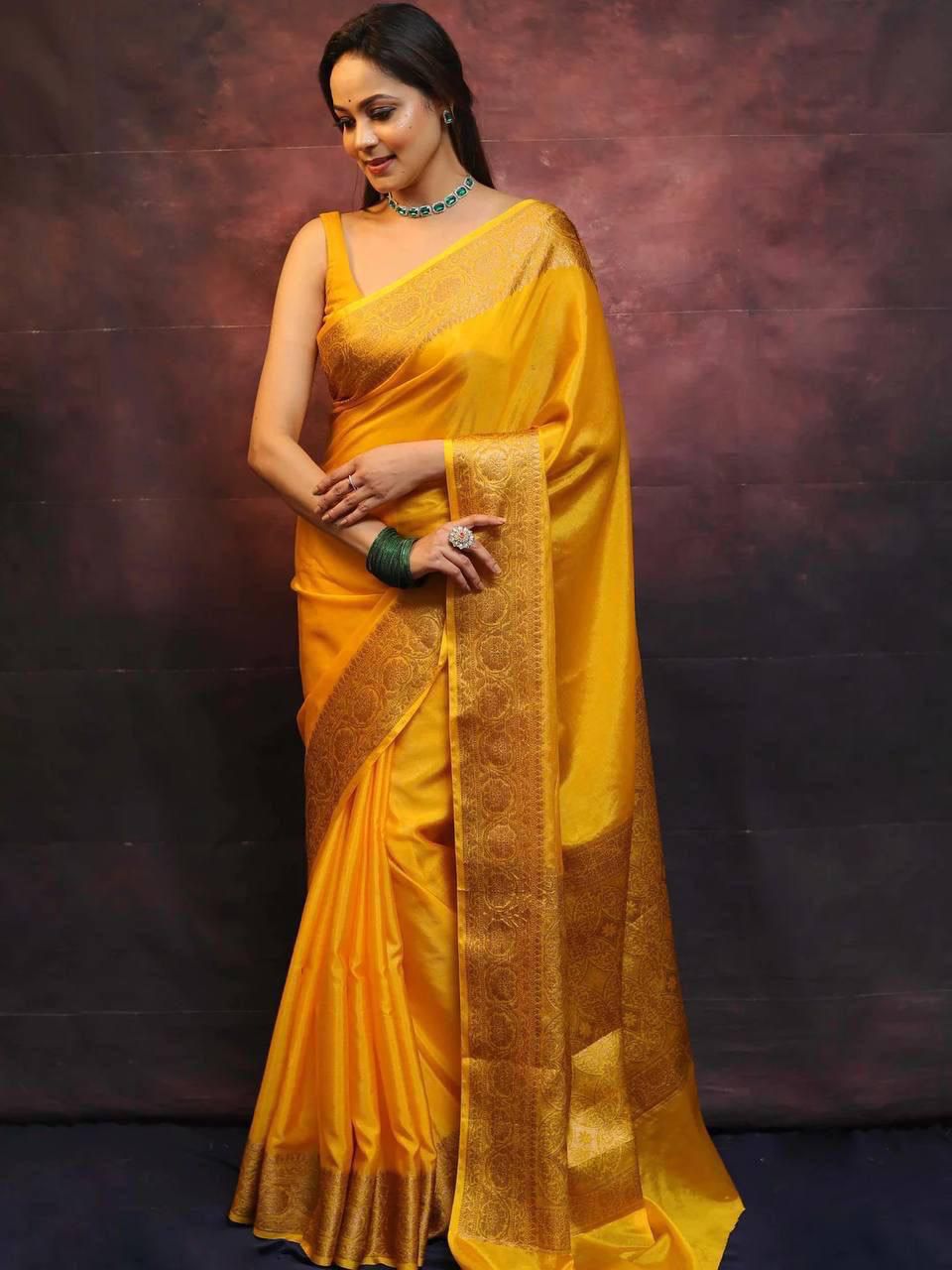 Mesmeric Yellow Soft Silk Weaving Saree