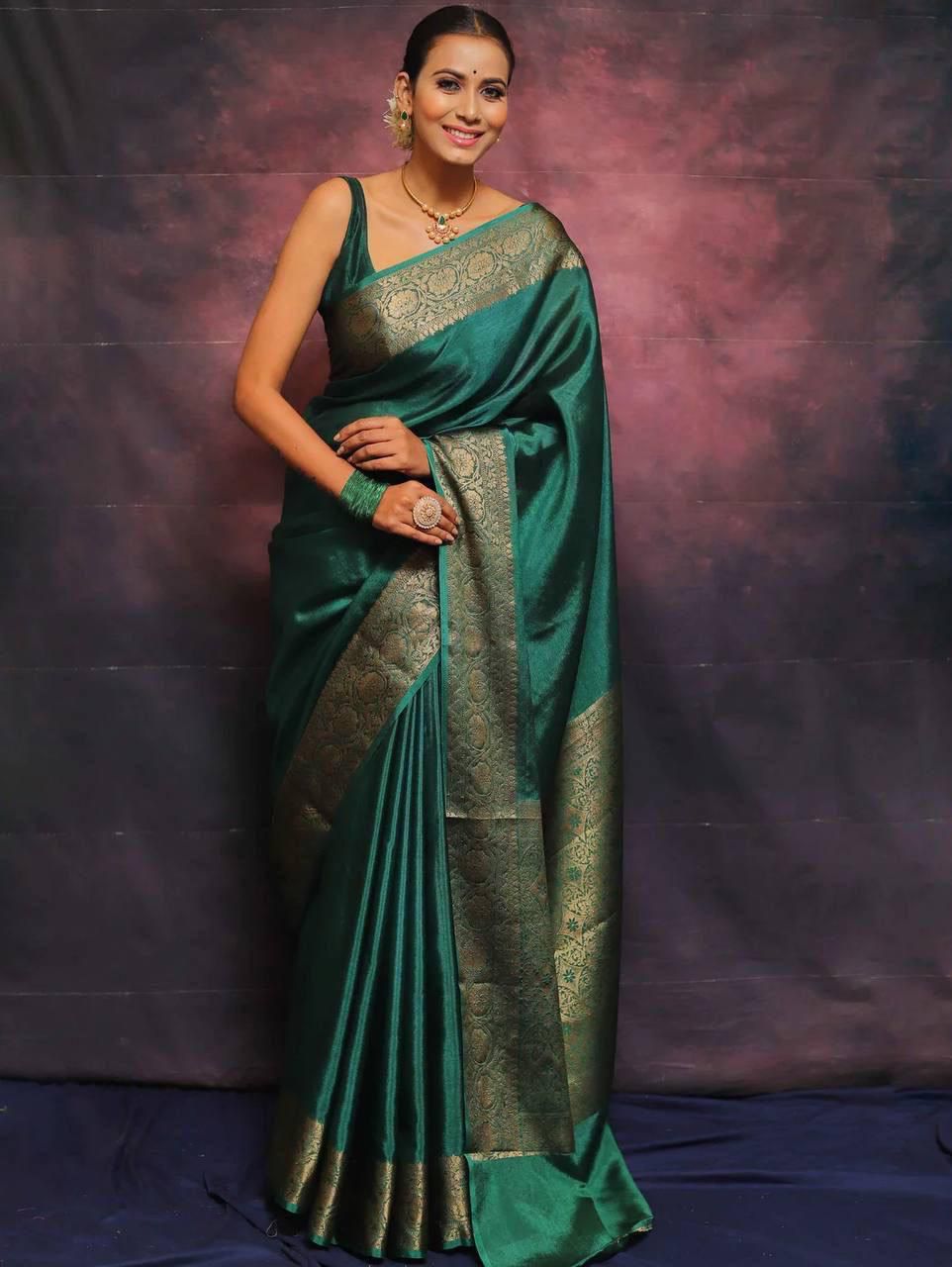 Ailurophile Green Soft Silk Weaving Saree