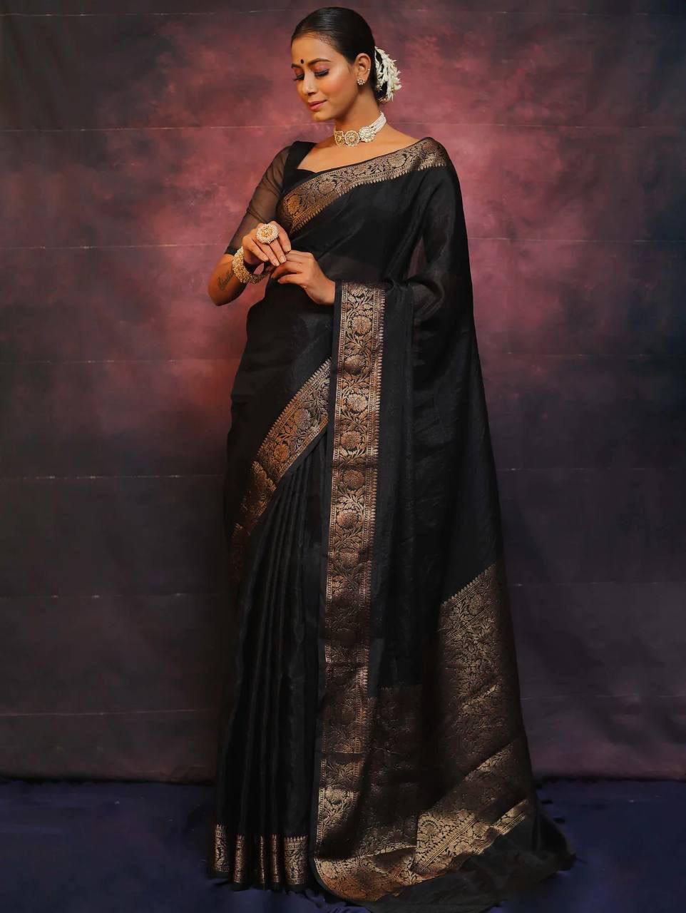 Gossamer Black Soft Silk Weaving Saree