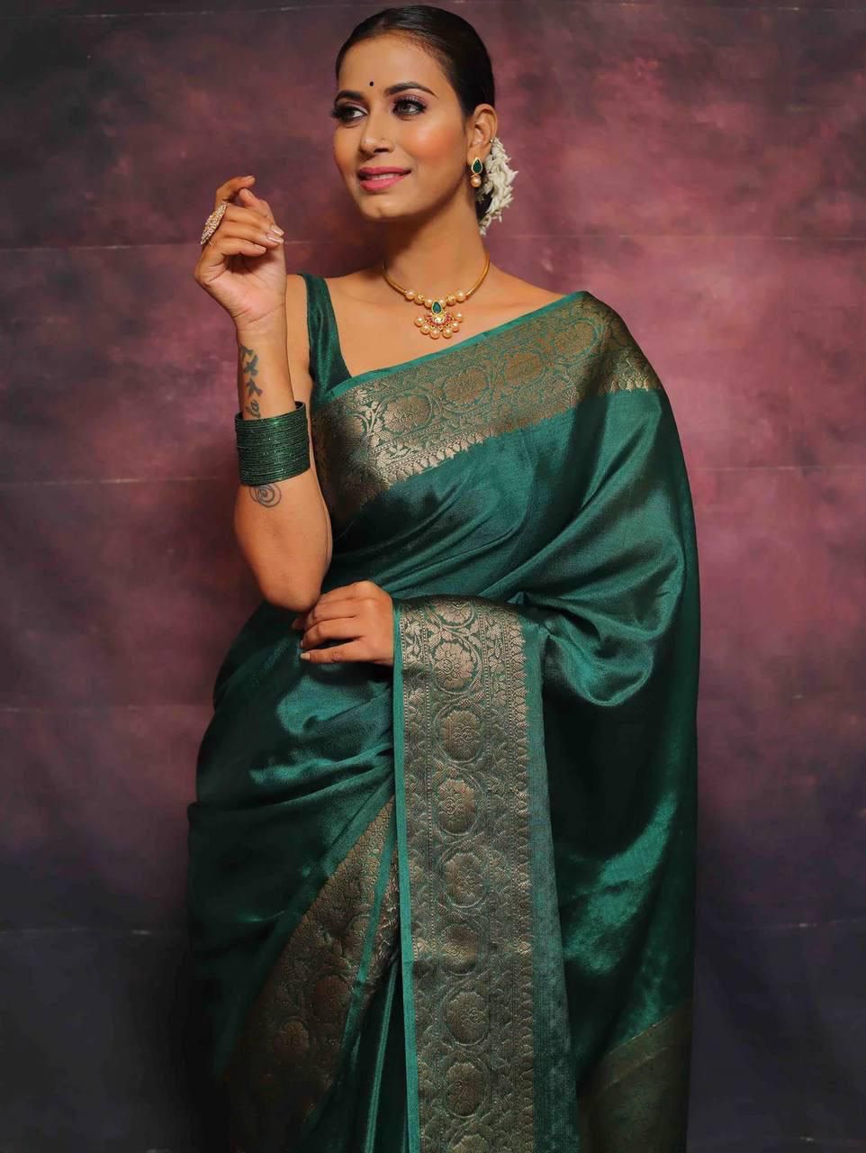 Ailurophile Green Soft Silk Weaving Saree