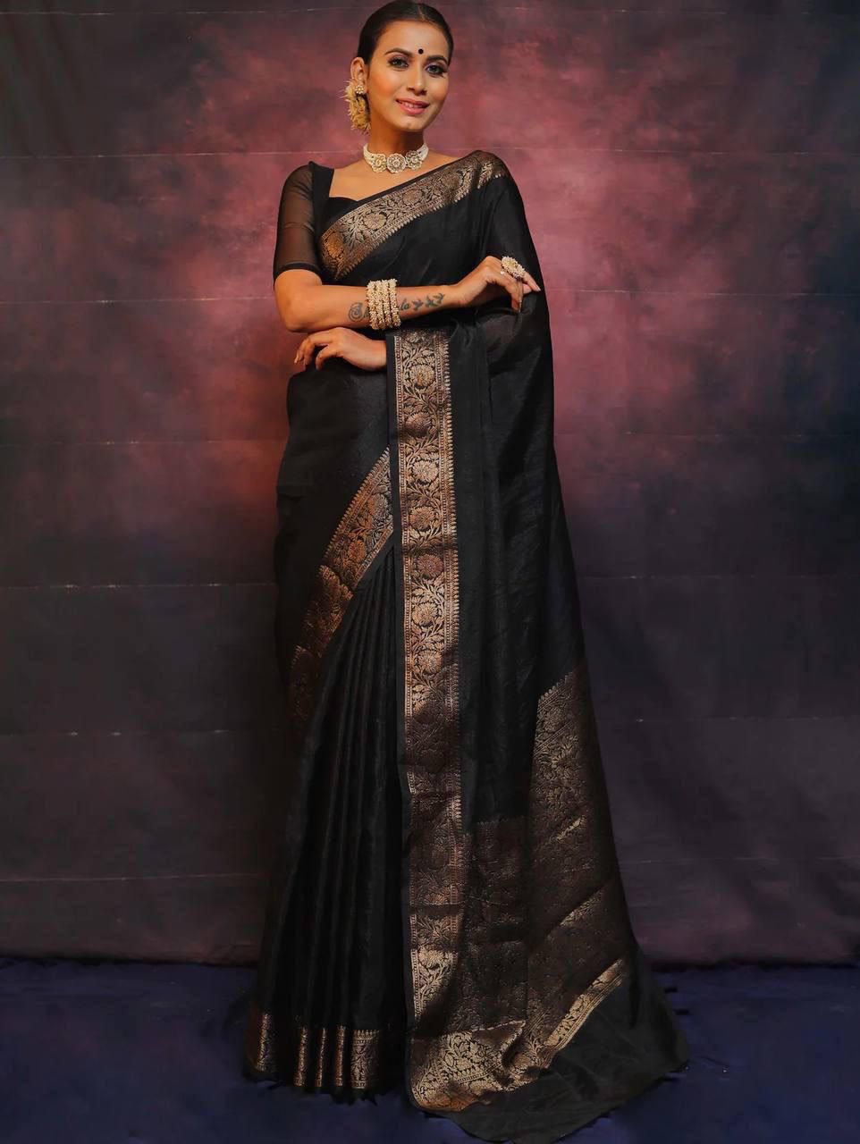 Gossamer Black Soft Silk Weaving Saree