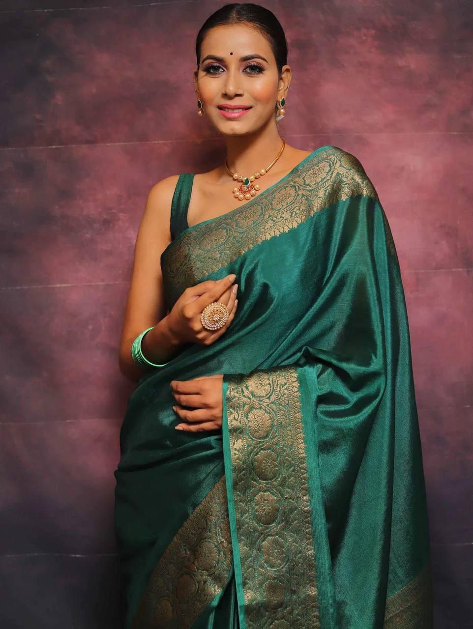 Ailurophile Green Soft Silk Weaving Saree