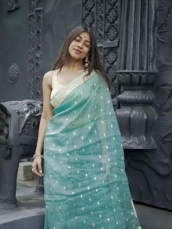 Divine Turquoise Linen Silk Weaving Saree