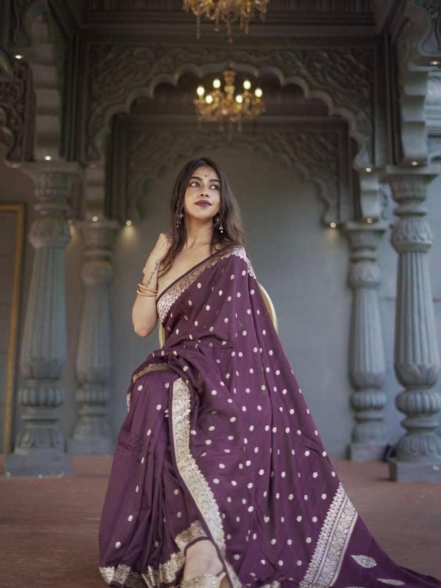 Excellent Wine Linen Silk Weaving Saree