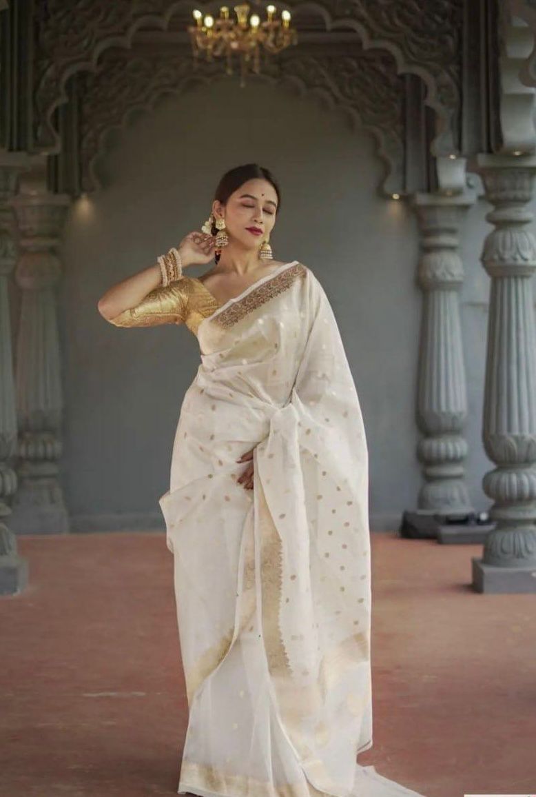Delightful Off White Linen Silk Weaving Saree