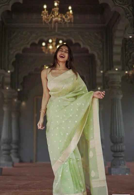 Smart Pista Linen Silk Weaving Saree