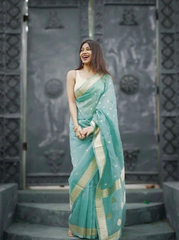 Divine Turquoise Linen Silk Weaving Saree