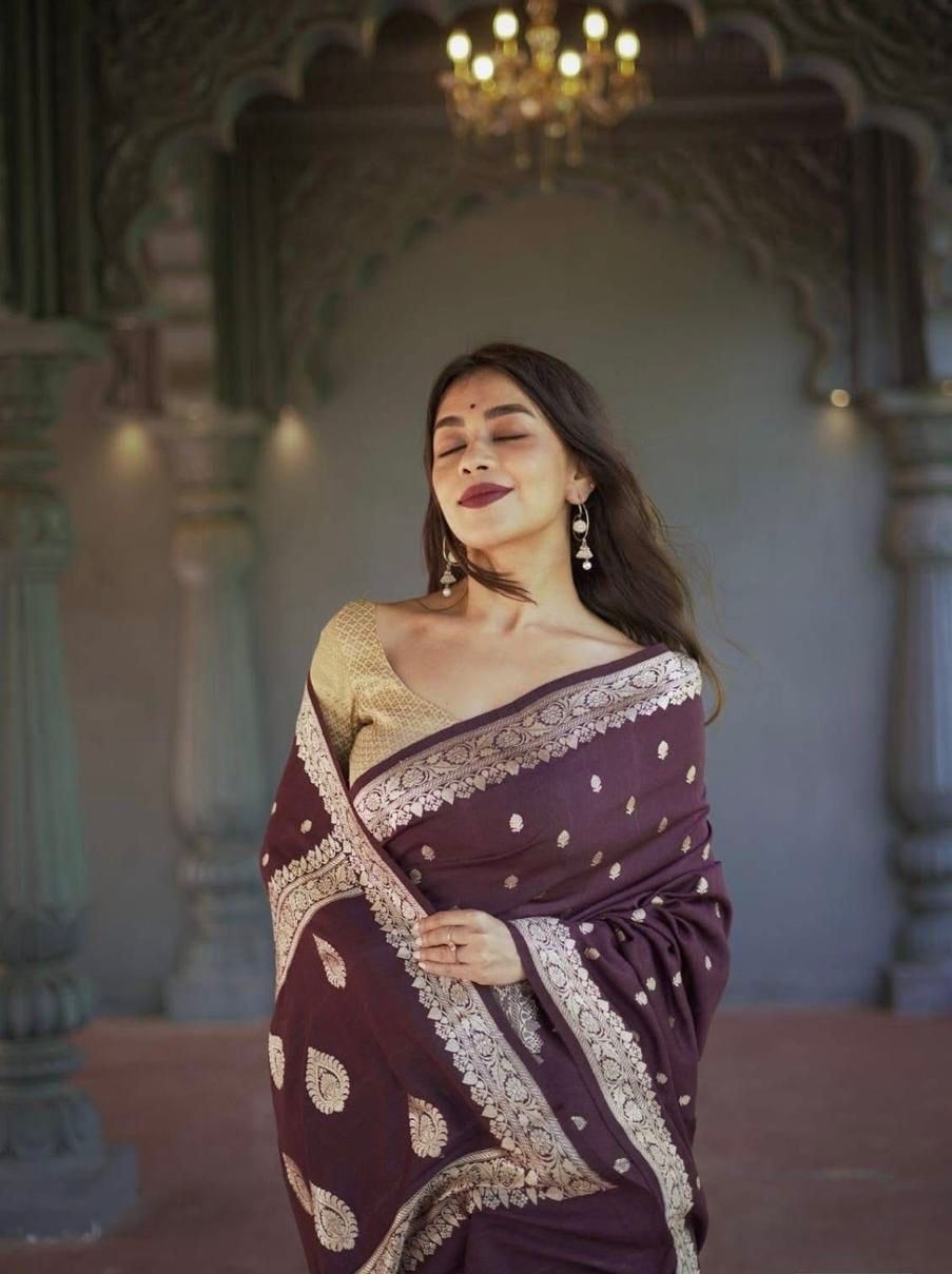 Excellent Wine Linen Silk Weaving Saree
