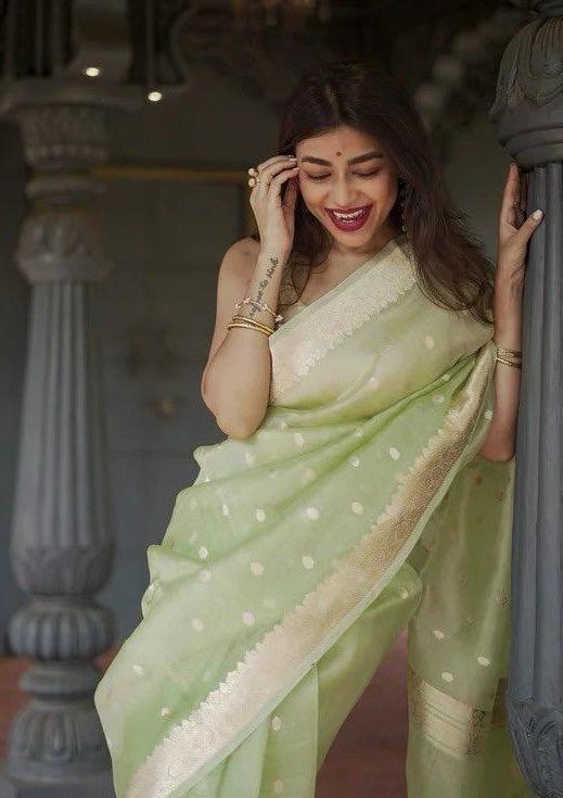 Smart Pista Linen Silk Weaving Saree