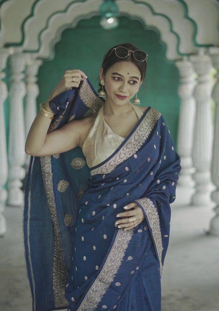 Trendy Blue Linen Silk Weaving Saree