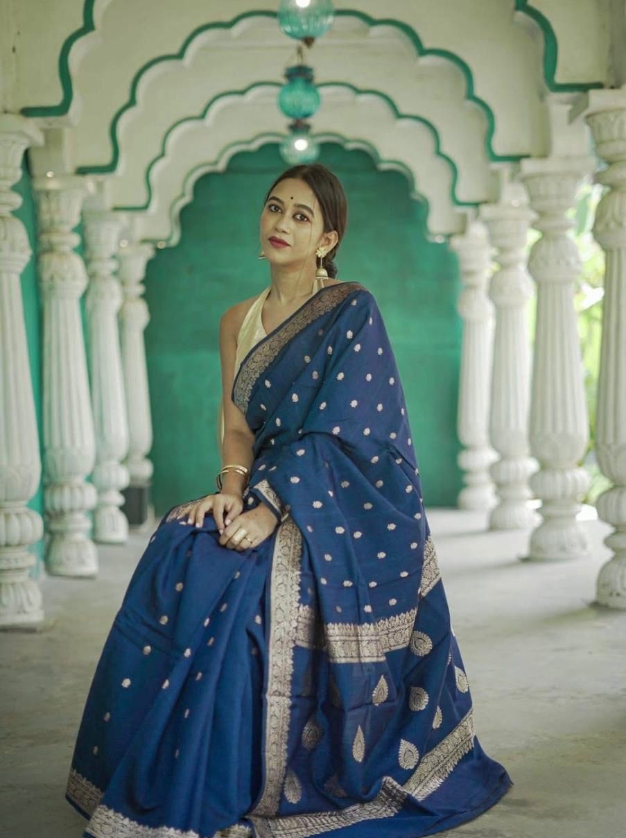 Trendy Blue Linen Silk Weaving Saree