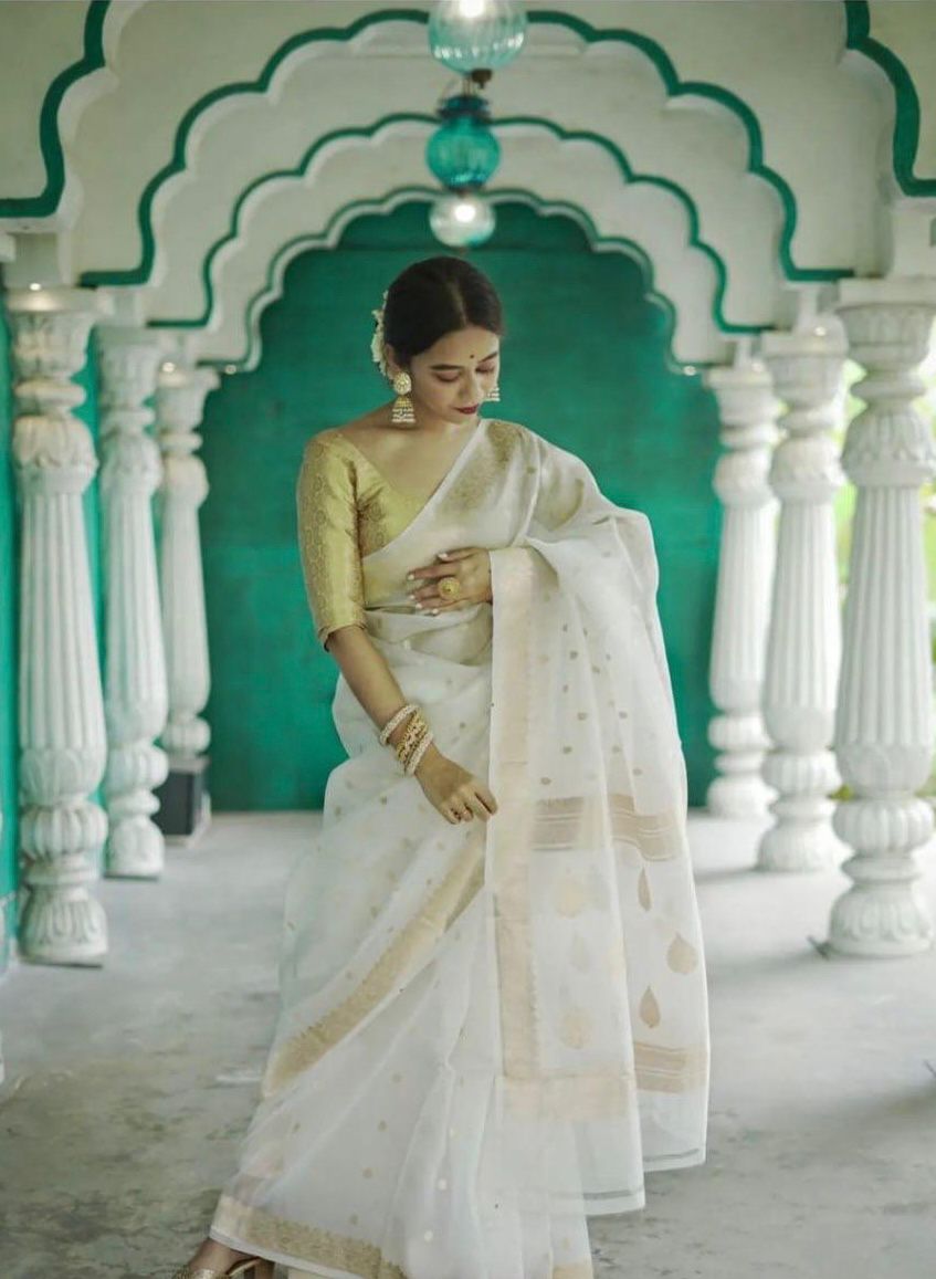 Delightful Off White Linen Silk Weaving Saree