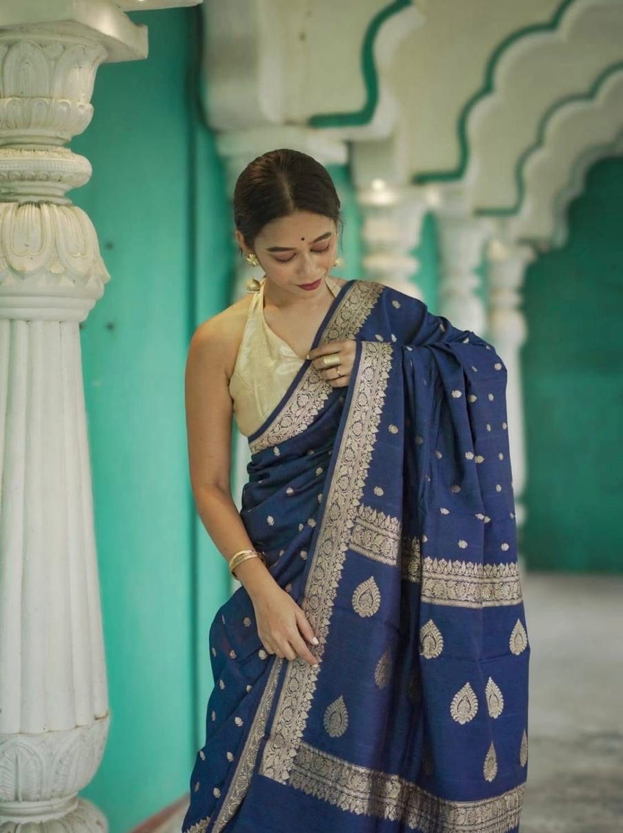 Trendy Blue Linen Silk Weaving Saree