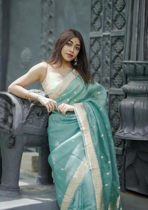 Divine Turquoise Linen Silk Weaving Saree