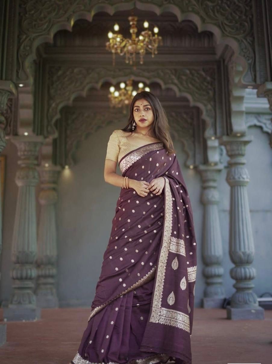 Excellent Wine Linen Silk Weaving Saree