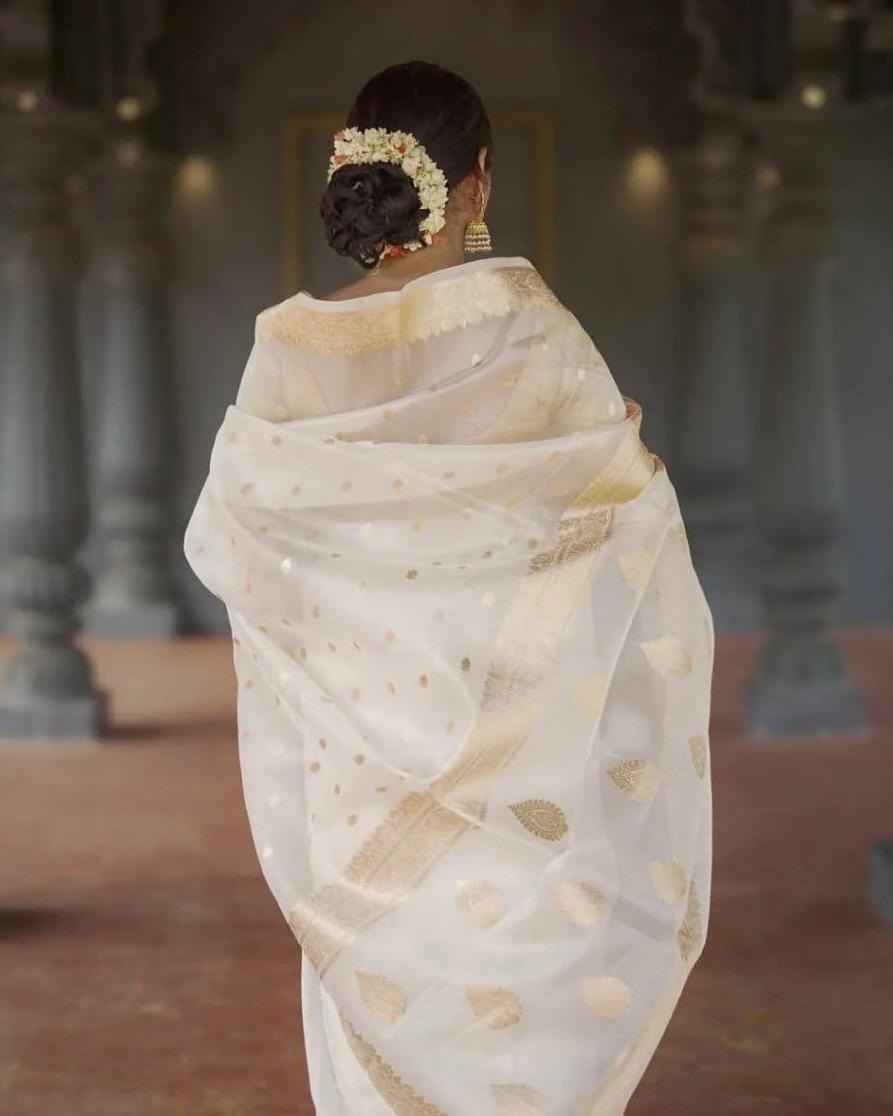 Delightful Off White Linen Silk Weaving Saree