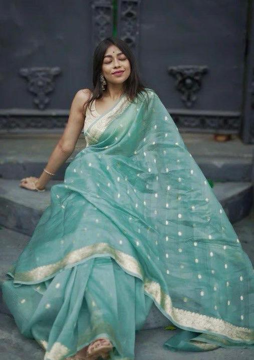 Divine Turquoise Linen Silk Weaving Saree