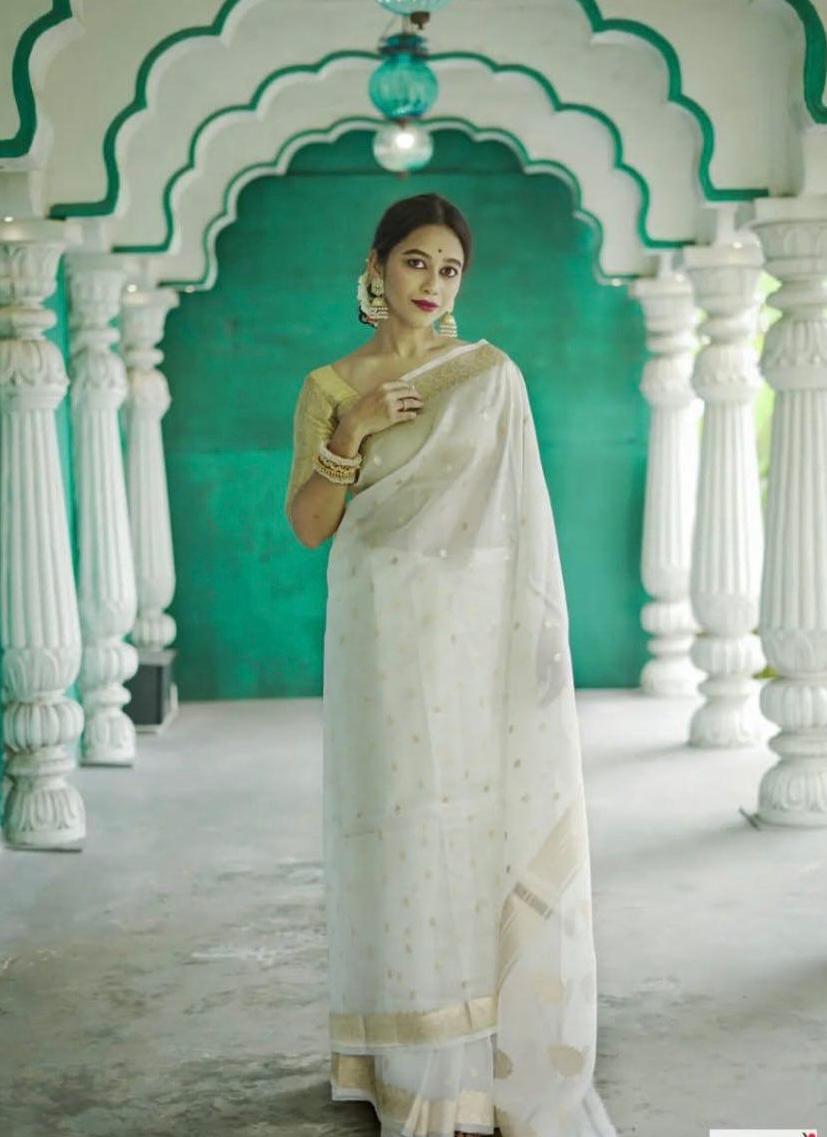 Delightful Off White Linen Silk Weaving Saree