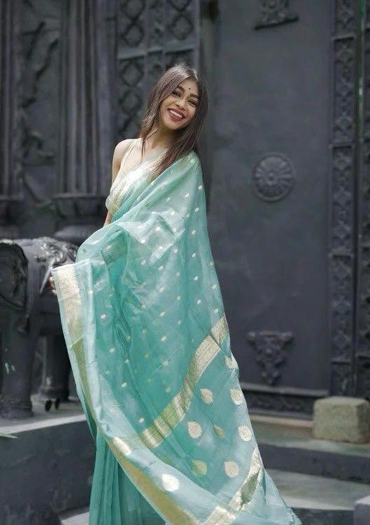 Divine Turquoise Linen Silk Weaving Saree