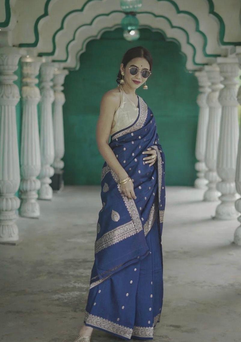 Trendy Blue Linen Silk Weaving Saree