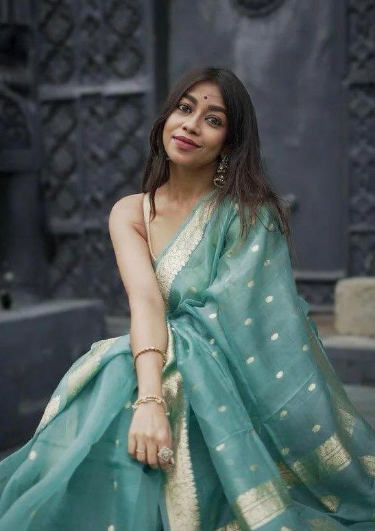 Divine Turquoise Linen Silk Weaving Saree