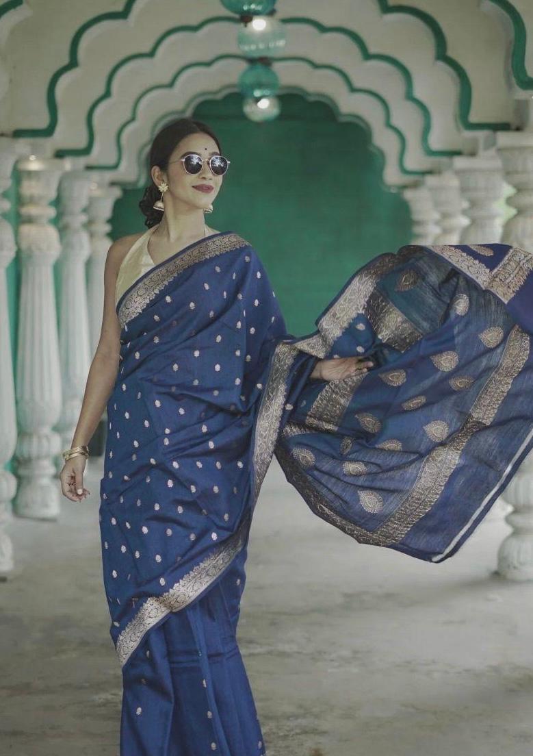 Trendy Blue Linen Silk Weaving Saree