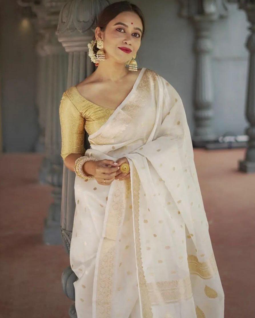 Delightful Off White Linen Silk Weaving Saree