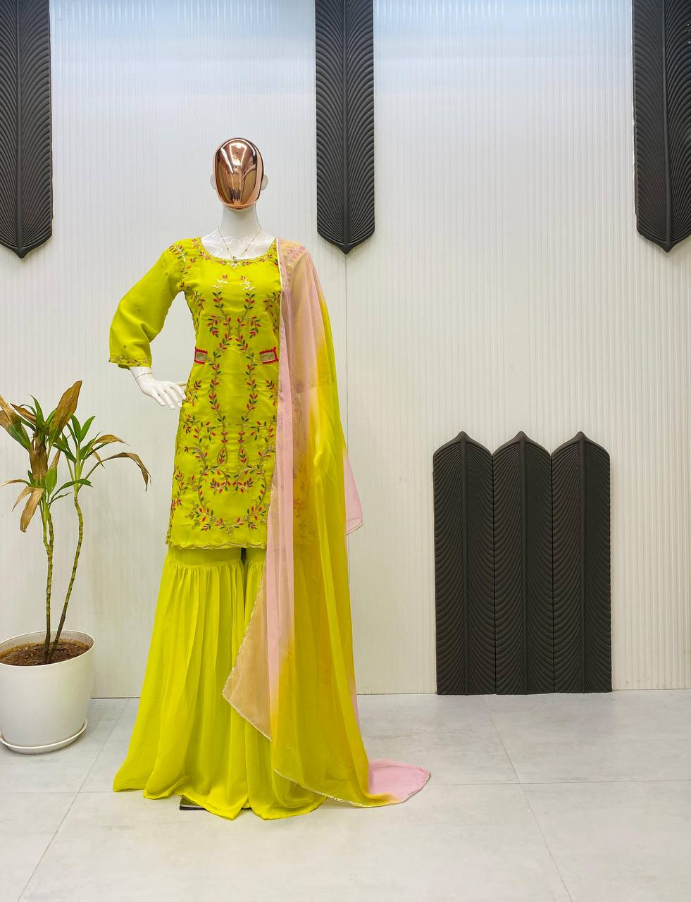 Incredible Green Georgette Sequence Embroidery Work Sharara Suit Set