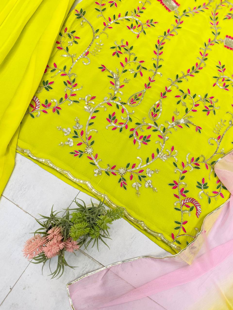 Incredible Green Georgette Sequence Embroidery Work Sharara Suit Set