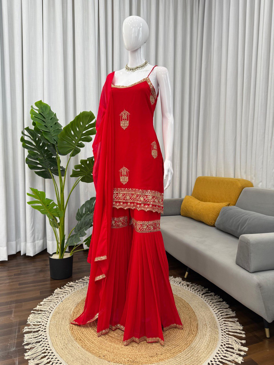 Desultory Red Georgette Thread Work Sharara Suit Set