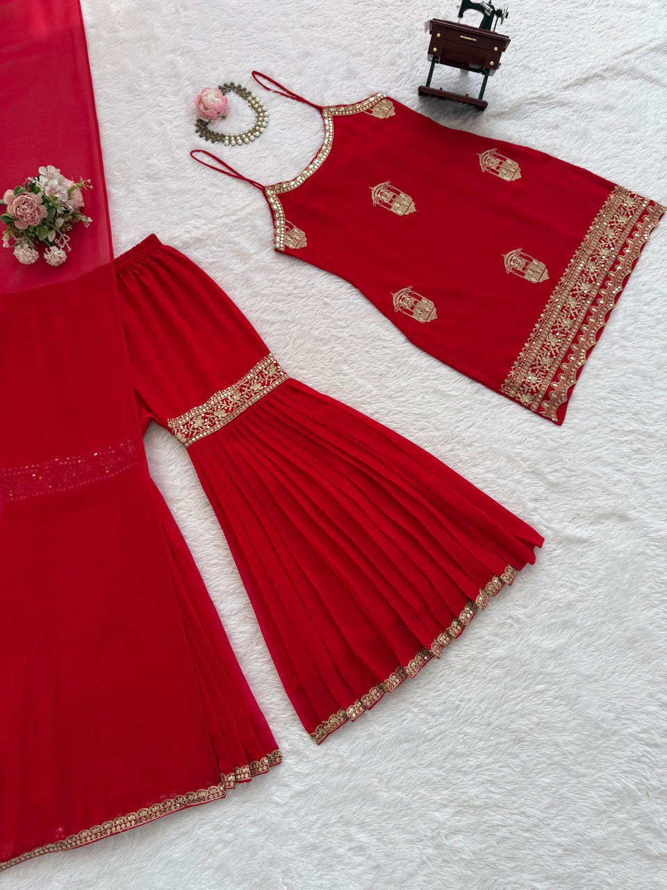 Desultory Red Georgette Thread Work Sharara Suit Set