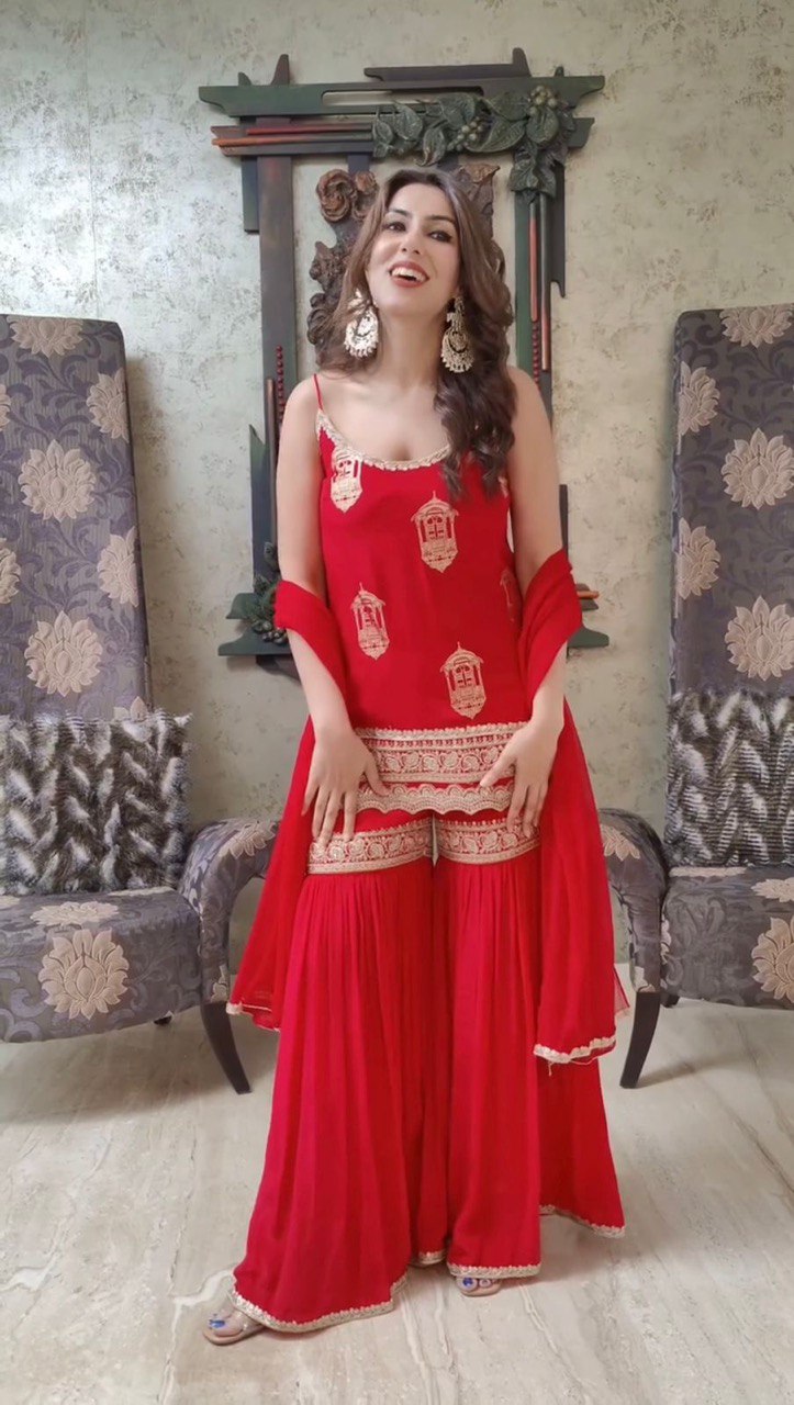 Desultory Red Georgette Thread Work Sharara Suit Set