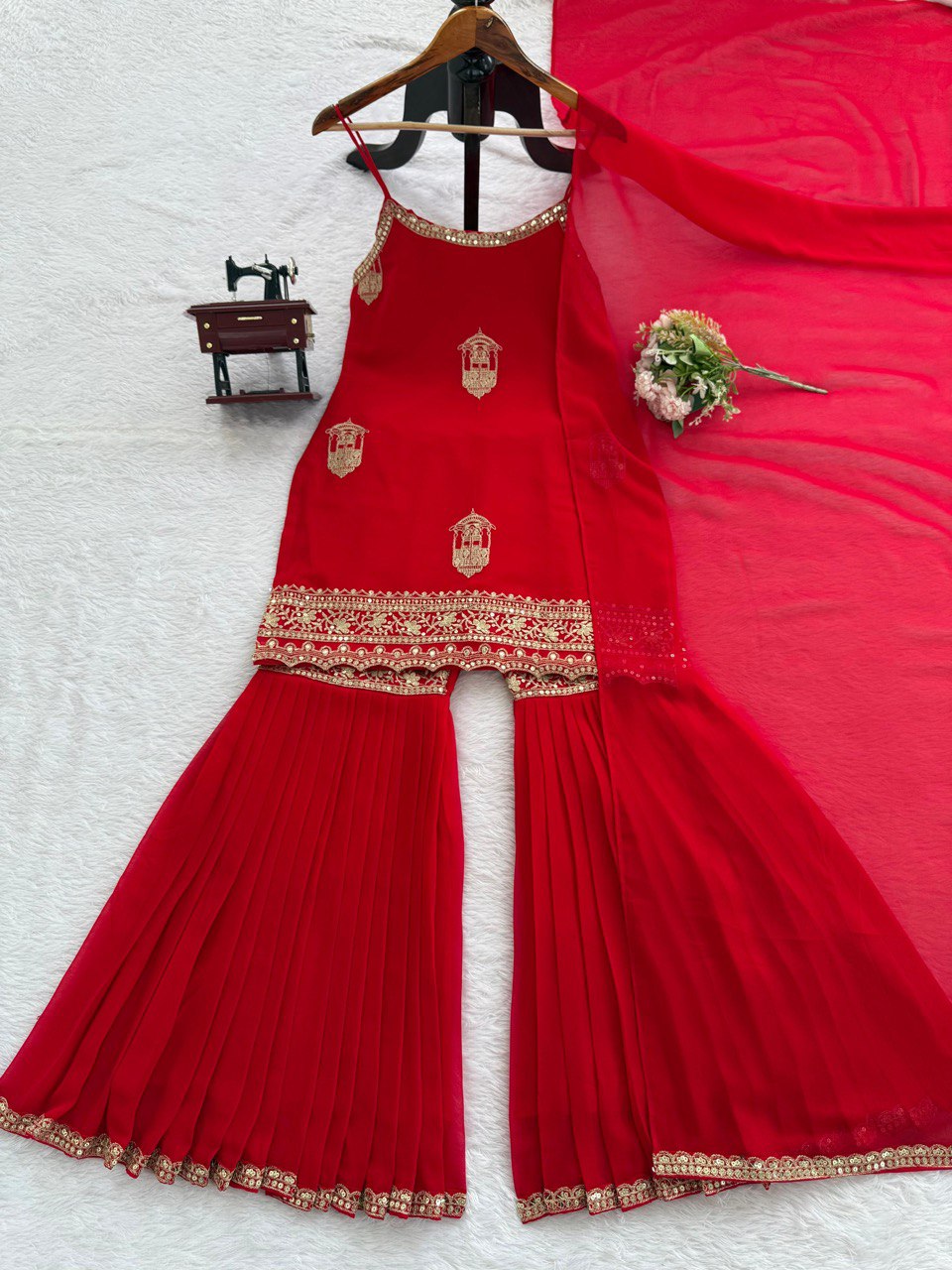 Desultory Red Georgette Thread Work Sharara Suit Set