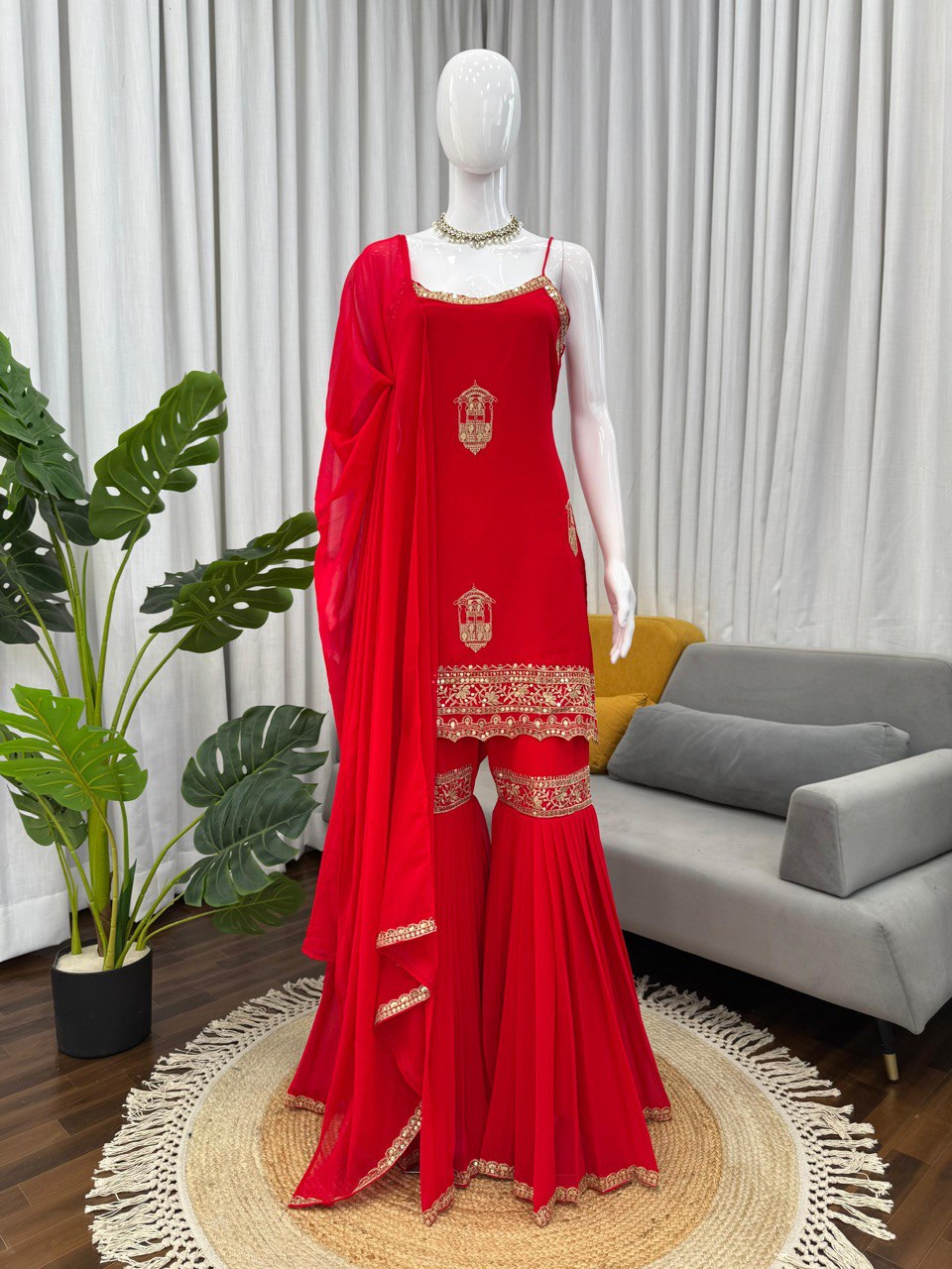 Desultory Red Georgette Thread Work Sharara Suit Set