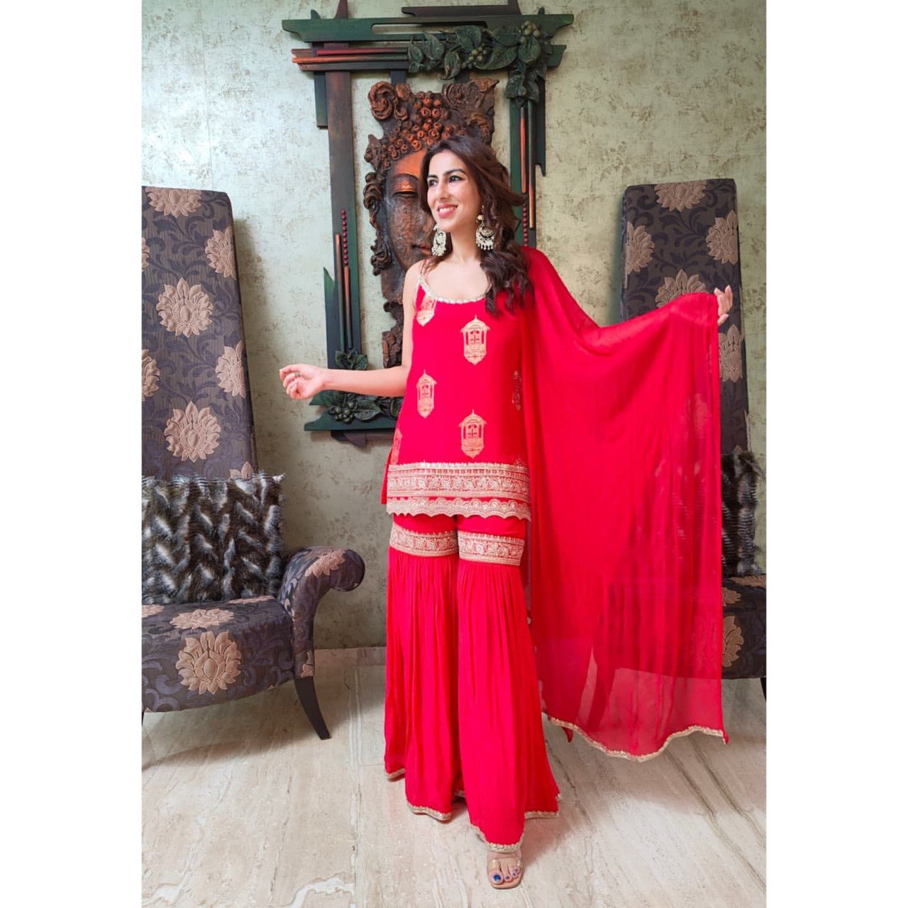 Desultory Red Georgette Thread Work Sharara Suit Set