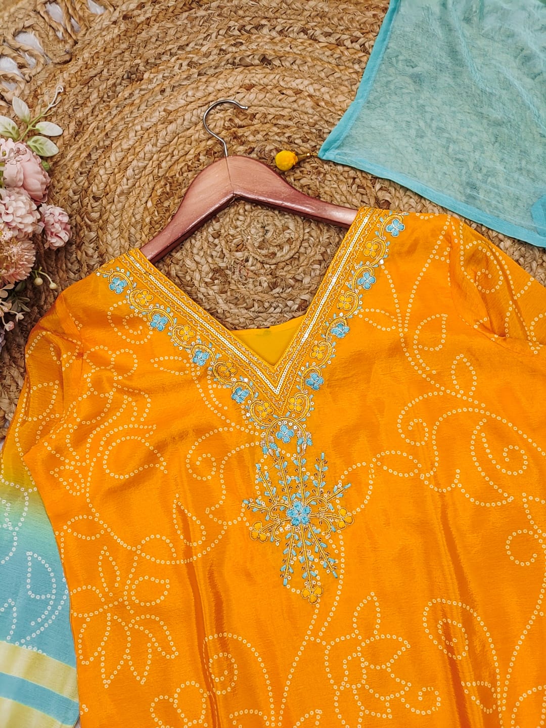 Effervescent Yellow Chinon Embroidery With Bandhani Printed Suit Set