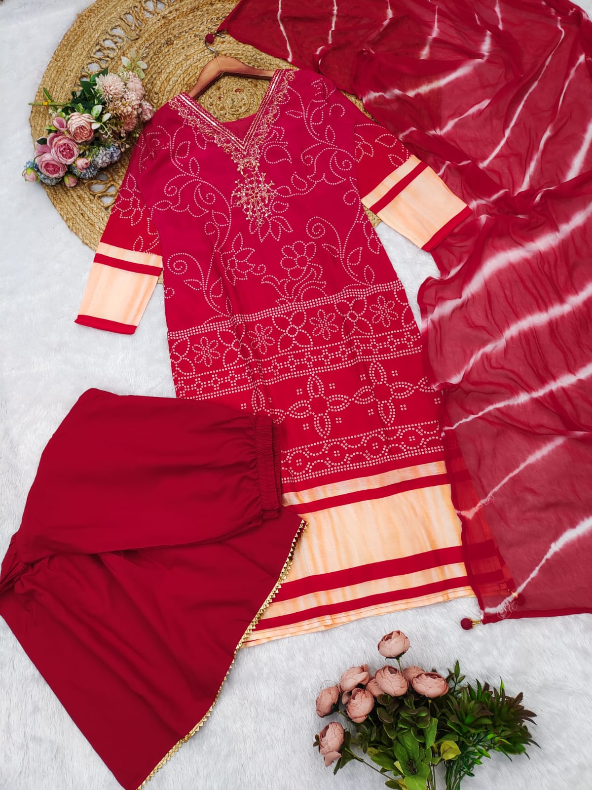 Fancifull Hot Pink Chinon Embroidery With Bandhani Printed Suit Set