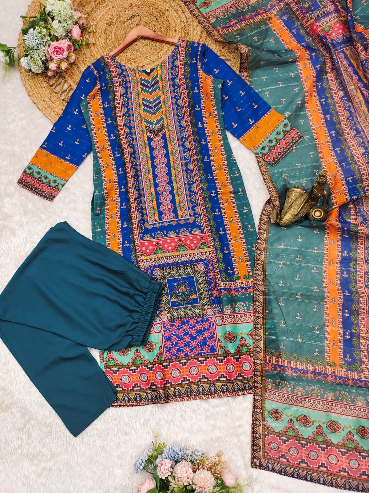 Confounding Multicolur Muslin Sequin Work Suit Set