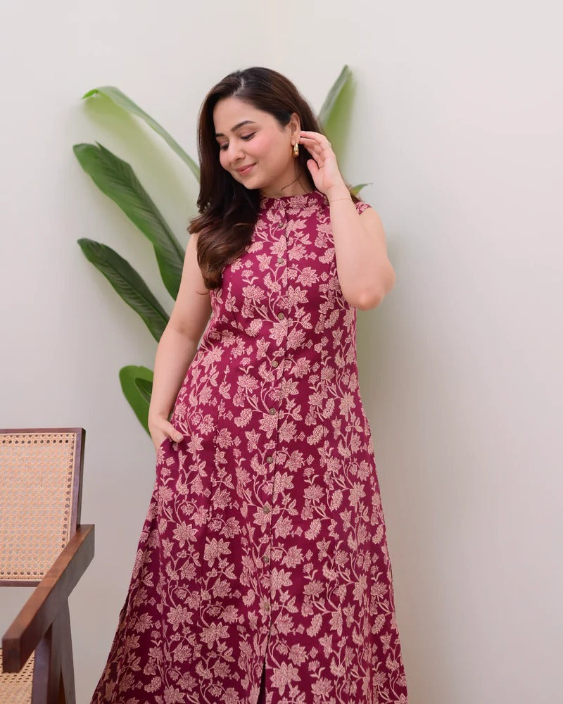 Gorgeous Maroon Pure Cotton Floral Printed Kurta Set