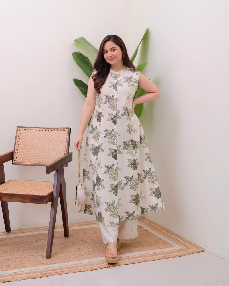 Devastating Ivory Pure Cotton Floral Printed Kurta Set