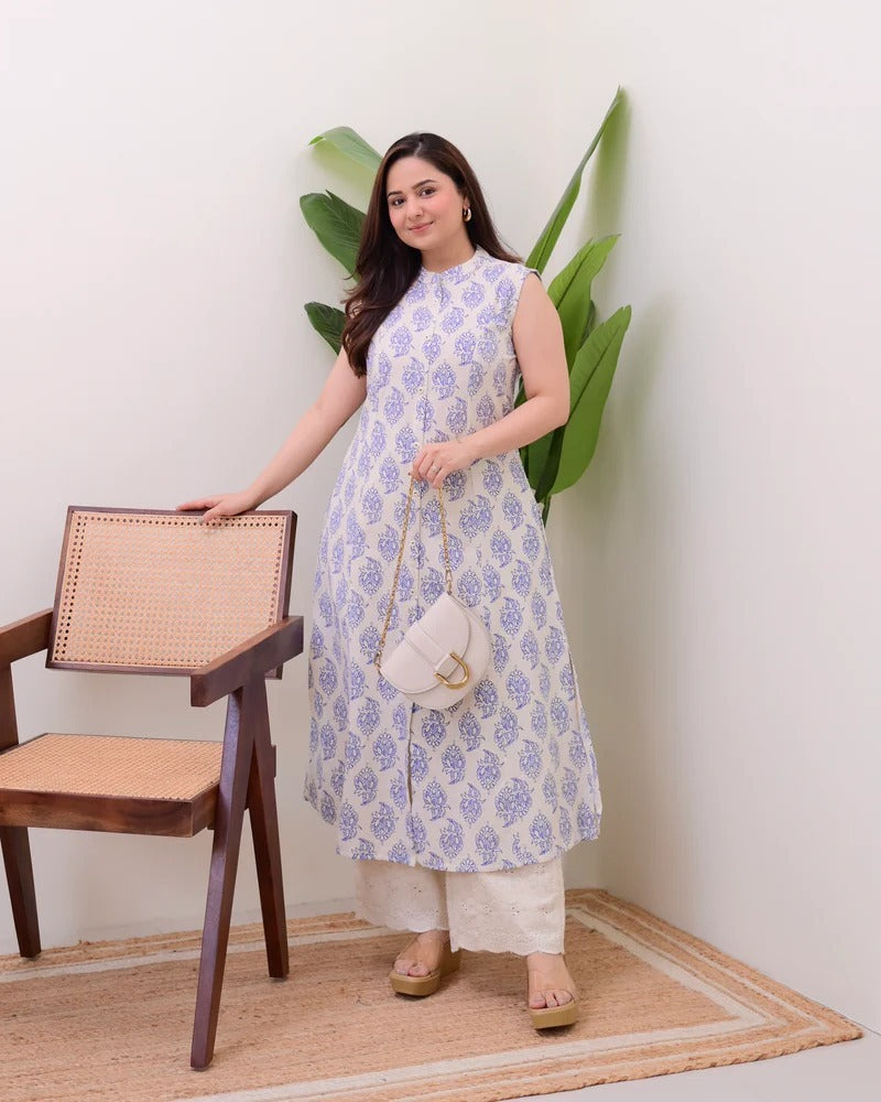 Embellished Blue Pure Cotton Floral Printed Kurta Set