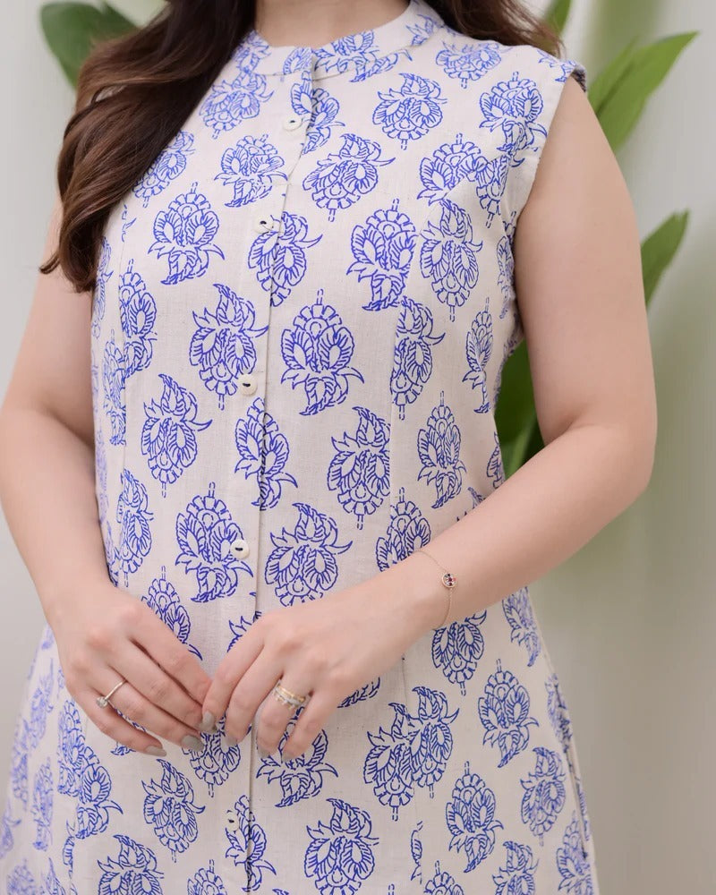 Embellished Blue Pure Cotton Floral Printed Kurta Set