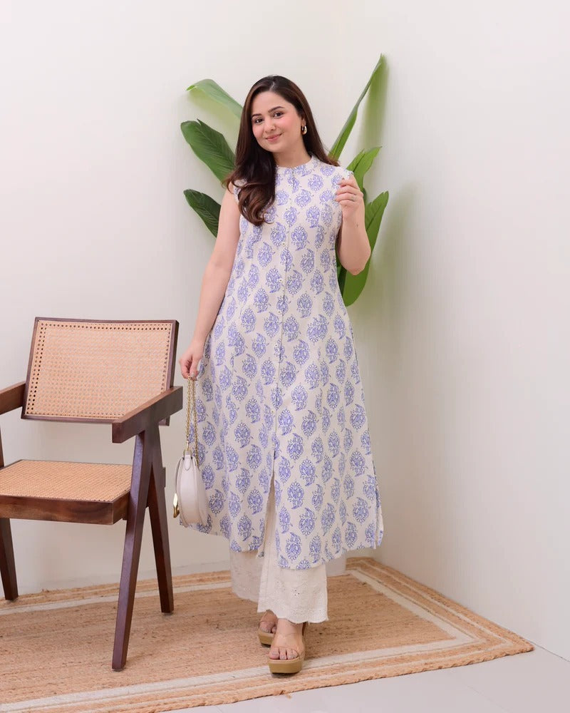 Embellished Blue Pure Cotton Floral Printed Kurta Set