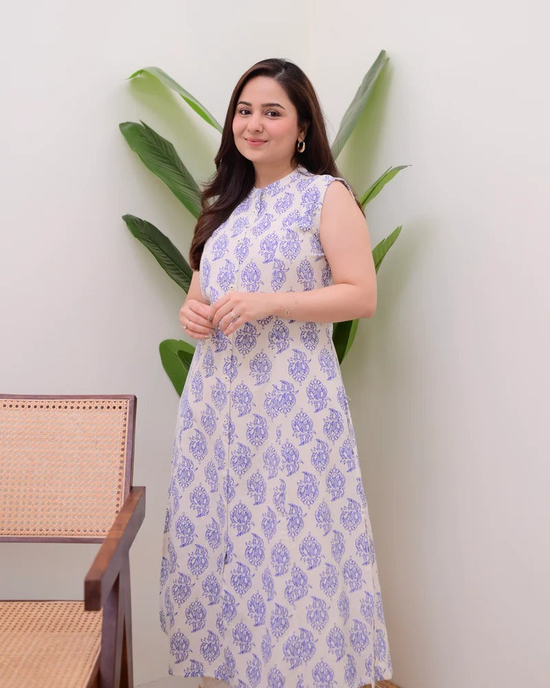 Embellished Blue Pure Cotton Floral Printed Kurta Set