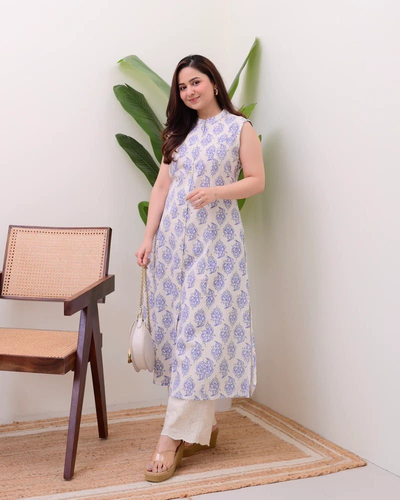 Embellished Blue Pure Cotton Floral Printed Kurta Set